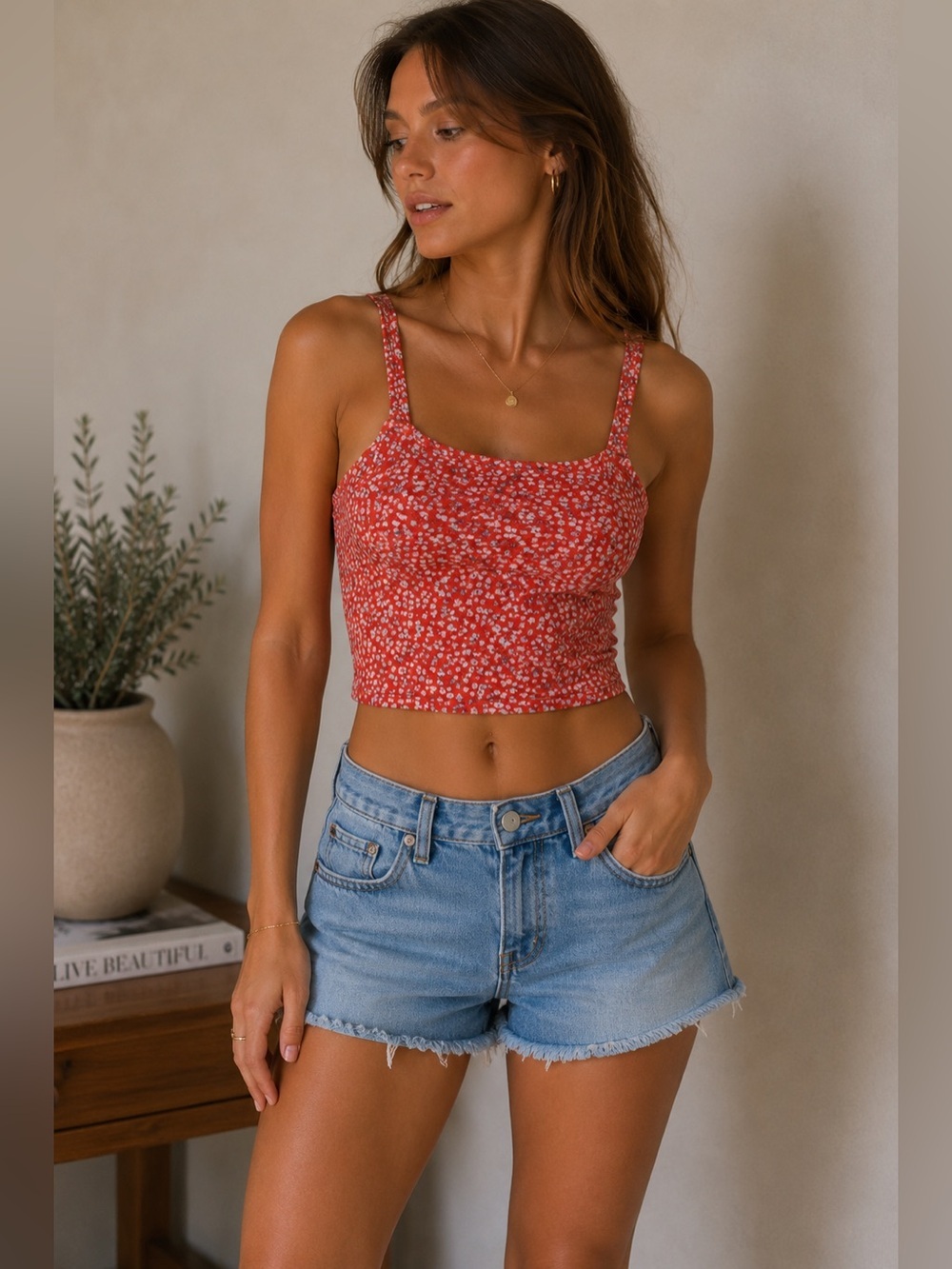 American Eagle Outfitters Red Floral Cropped Tank Top Size L Boho Festival